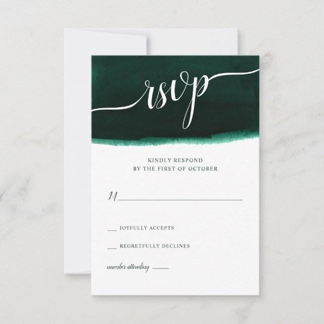 Emerald Green Watercolor Wedding RSVP Card (Front)