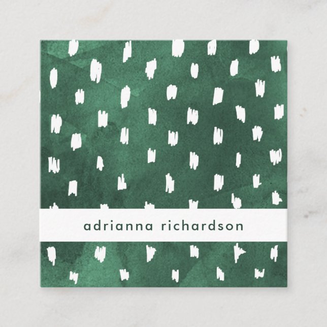 Emerald Green Watercolor with Trendy Dots Square Business Card (Front)
