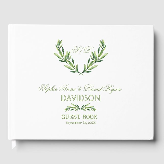Emerald Green Watercolor Wreath Wedding Guest Book (Front)