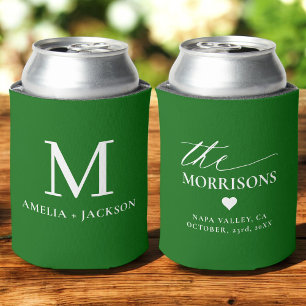 Emerald Green Wedding Favour Monogram Name Heart Can Cooler