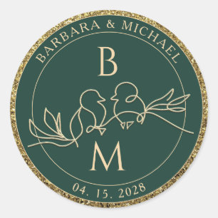 Emerald Green Wedding Monogram Classic Round Sticker