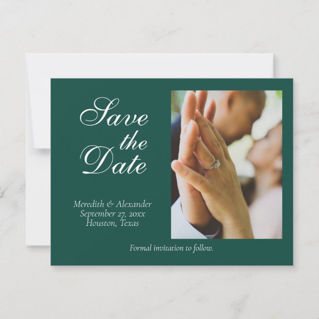 Emerald Green Wedding Photo Save the Date Card (Front)