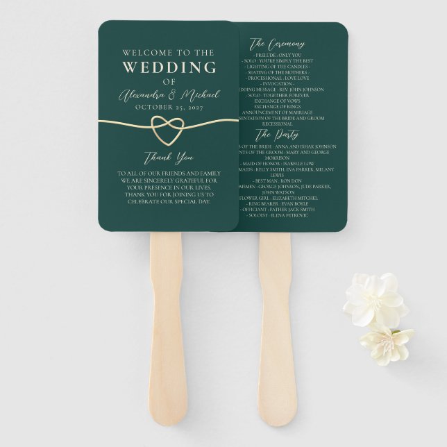 Emerald Green Wedding Program Hand Fan (Front and Back)
