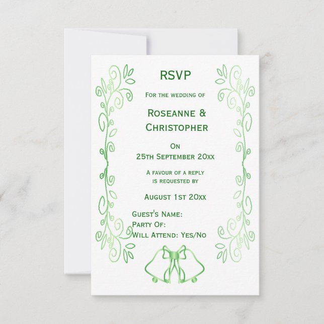 Emerald Green Wedding RSVP Card Bells Scrollwork  (Front)