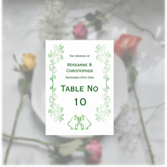 Emerald Green Wedding Table Tent Sign Bells  Table Number (Emerald wedding table number card bells and scrollwork design)