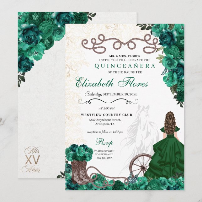 Emerald Green Western Princess Charra Quinceañera Invitation (Front/Back)