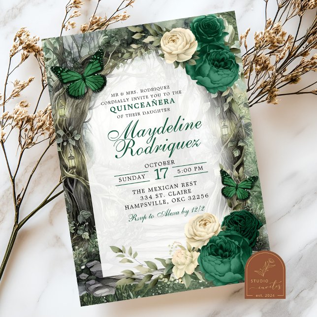 Emerald Green Whimsical Forest Quinceanera Invitation (Creator Uploaded)