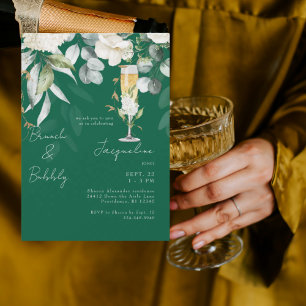 Emerald Green White Floral Brunch & Bubbly Invitation