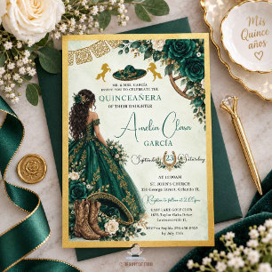 Emerald Green White Floral Charro Quinceanera Invitation