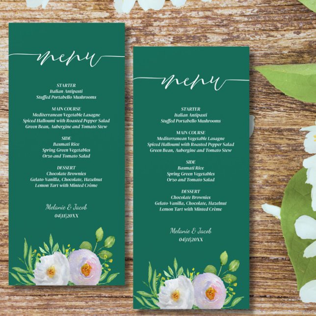 Emerald Green White Floral Wedding Menu (Creator Uploaded)