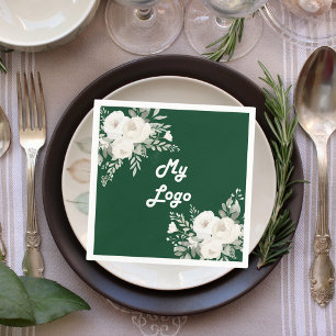 Emerald green white florals business logo napkin