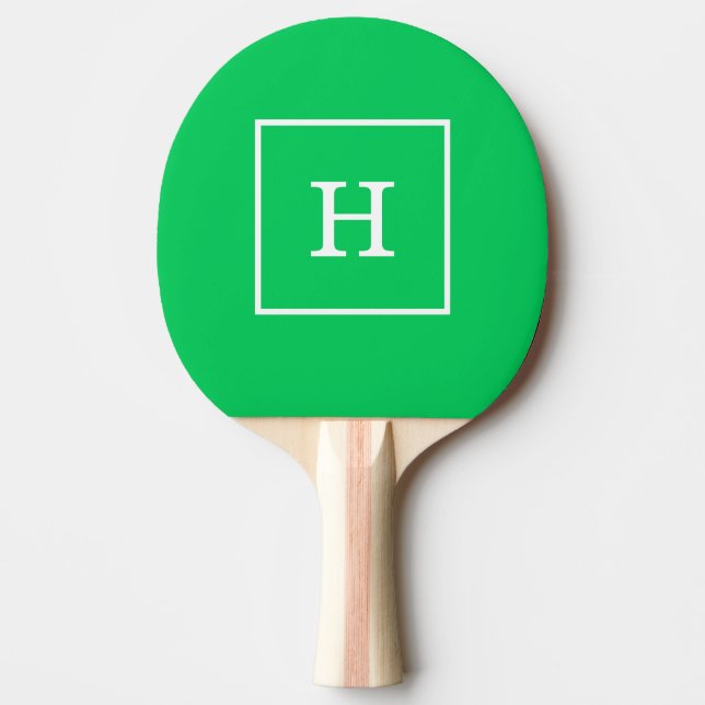 Emerald Green White Framed Initial Monogram Ping Pong Paddle (Front)