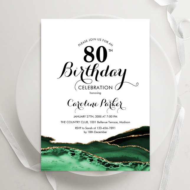 Emerald Green White Gold Agate 80th Birthday Invitation (Creator Uploaded)