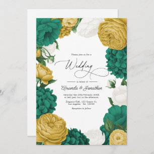 Emerald Green, White & Gold Floral Wedding Invitation
