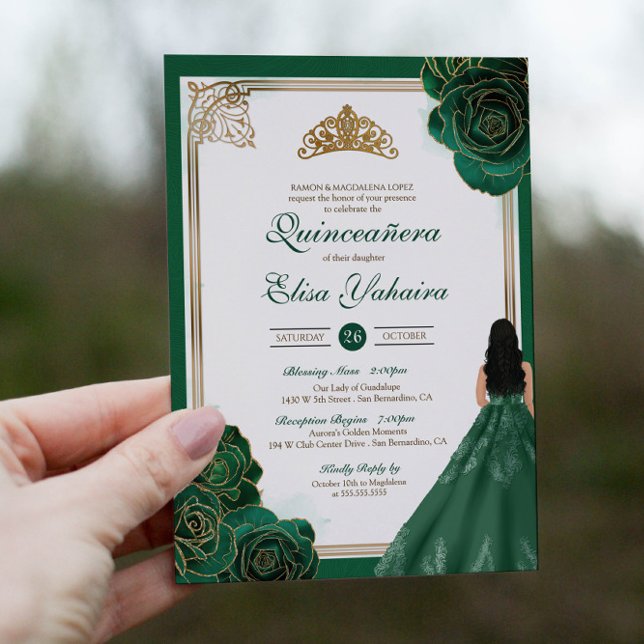 Emerald Green White Gold Roses Royal Quinceanera Invitation (Creator Uploaded)