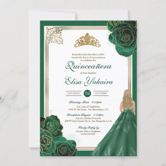 Emerald Green White Gold Roses Royal Quinceanera Invitation