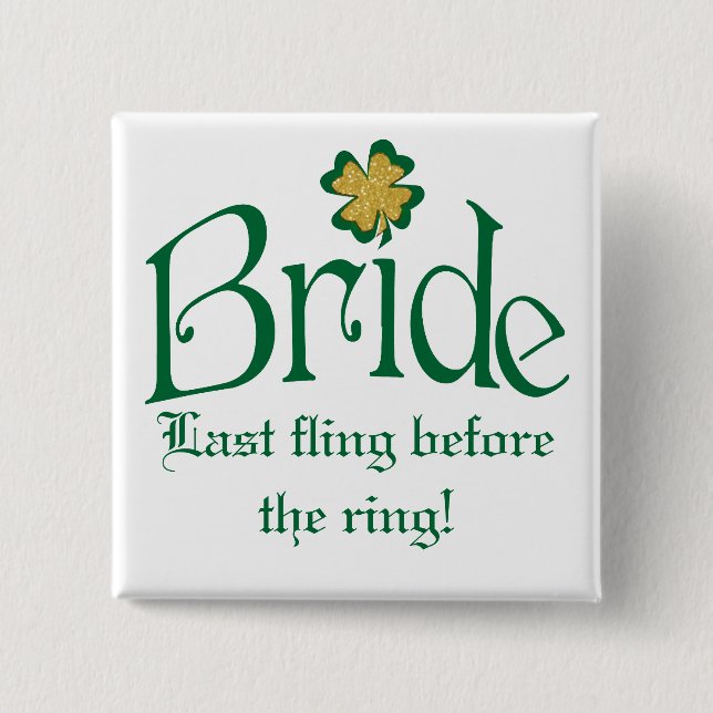 Emerald Green, White, Gold Shamrocks Bride Button (Front)