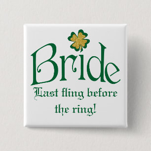 Emerald Green, White, Gold Shamrocks Bride Button