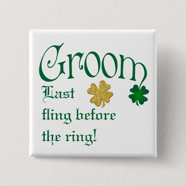 Emerald Green, White, Gold Shamrocks Groom Button (Front)