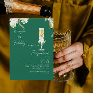 Emerald Green White Hydrangeas Brunch & Bubbly Invitation