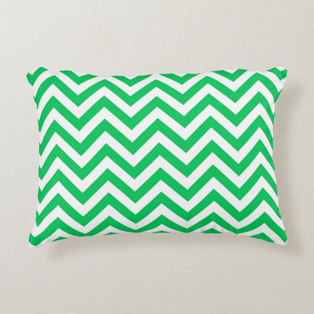 Emerald Green, White Large Chevron ZigZag Pattern Decorative Cushion (Front)