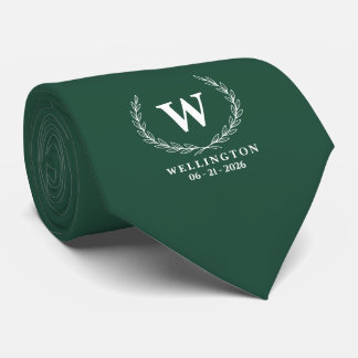Emerald Green White Laurel Monogram Wedding Name Tie