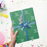 Emerald green white name script wrapping paper<br><div class="desc">Emerald green background colour,  white text. 
Personalise and add a name and age. Handwritten style script.</div>