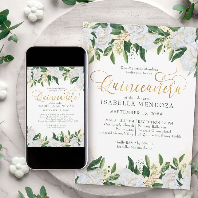Emerald Green White Peony Quinceanera and Mass Invitation (Quinceanera Invite with Church Blessing from my Emerald Greenery and White Peony Collection)