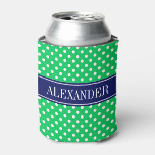 Emerald Green White Polka Dots Navy Name Monogram Can Cooler
