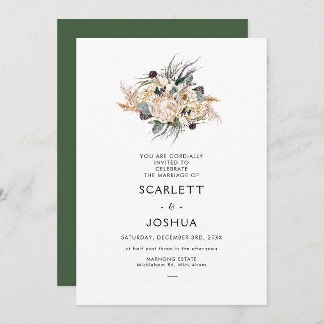 Emerald Green White Protea Pampas Wedding Invitati Invitation (Front/Back)