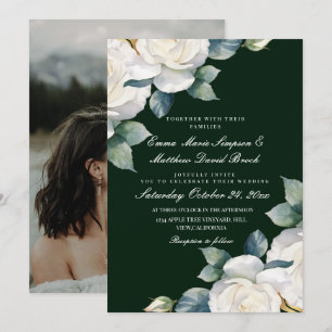Emerald Green & White Rose Floral Wedding Invitation