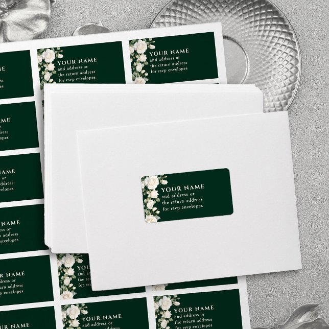 Emerald Green White Roses RSVP Envelope Address Label (Address Labels - perfect for RSVP envelopes - from Princess Dress and Roses Quinceanera Collection)
