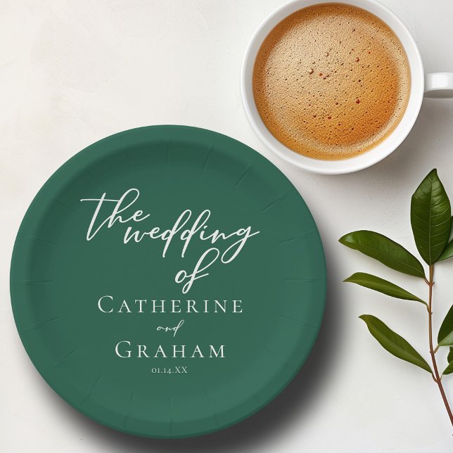 Emerald Green White Script Personalised Wedding Paper Plate (Creator Uploaded)