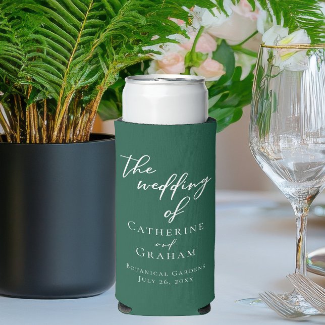 Emerald Green White Script Personalised Wedding Seltzer Can Cooler (Creator Uploaded)