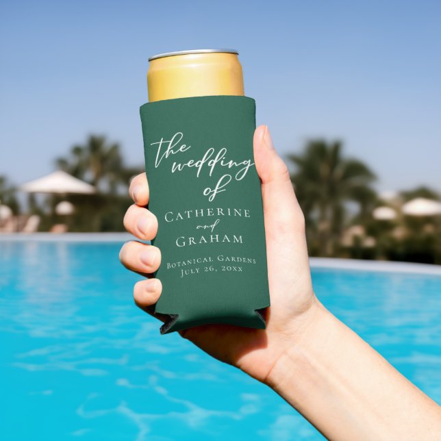 Emerald Green White Script Personalised Wedding Seltzer Can Cooler (In Situ Pool)
