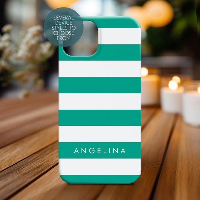 Emerald Green & White Striped Pattern Custom Name (Personalized Phone Case)