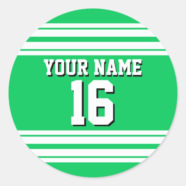 Emerald Green White Team Jersey Custom Number Name Classic Round Sticker (Front)