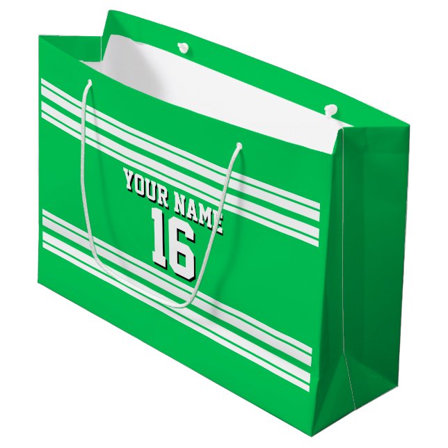 Emerald Green White Team Jersey Custom Number Name Large Gift Bag (Front Angled)
