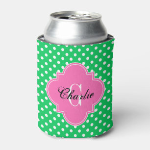 Emerald Green Wht Dots Hot Pink Quat Name Initial Can Cooler