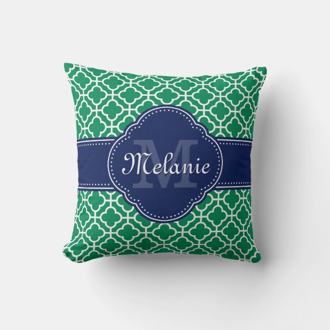 Emerald Green Wht Moroccan Pattern Navy Monogram Cushion (Front)