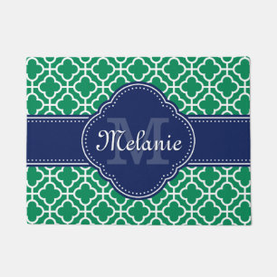 Emerald Green Wht Moroccan Pattern Navy Monogram Doormat