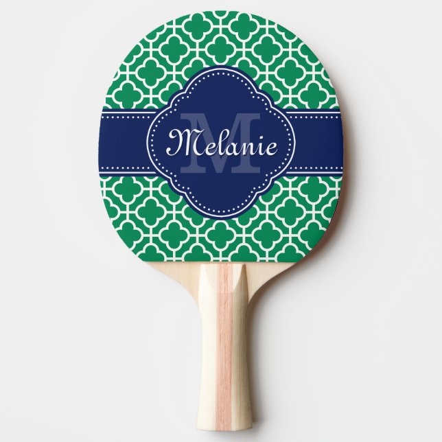 Emerald Green Wht Moroccan Pattern Navy Monogram Ping Pong Paddle (Front)