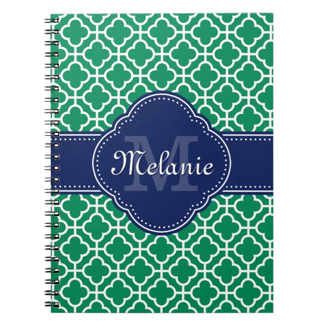 Emerald Green Wht Moroccan Pattern Navy Monogram Spiral Notebook (Front)