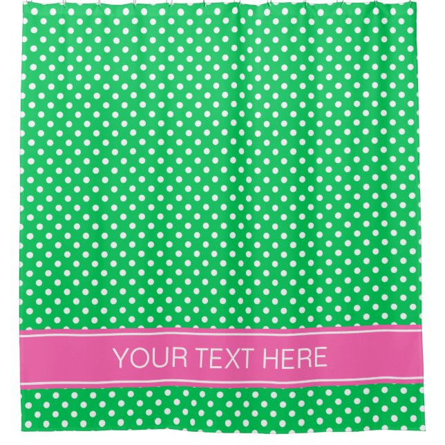 Emerald Green Wht Polka Dot Hot Pink Name Monogram Shower Curtain (Front)