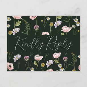 Emerald Green Wild Flower Boho Garden Wedding RSVP Invitation Postcard