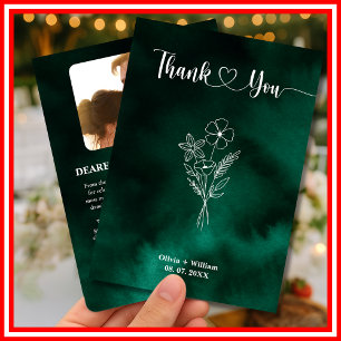 Emerald Green Wildflower Photo Wedding Thank You Card