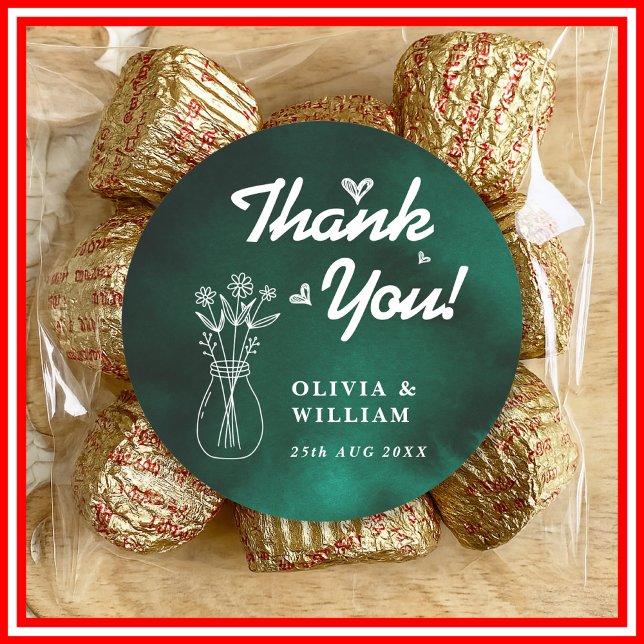 Emerald Green Wildflower Wedding Thank You Classic Round Sticker (Creator Uploaded)