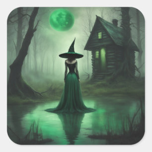 Emerald green witch cabin in the woods Halloween Square Sticker