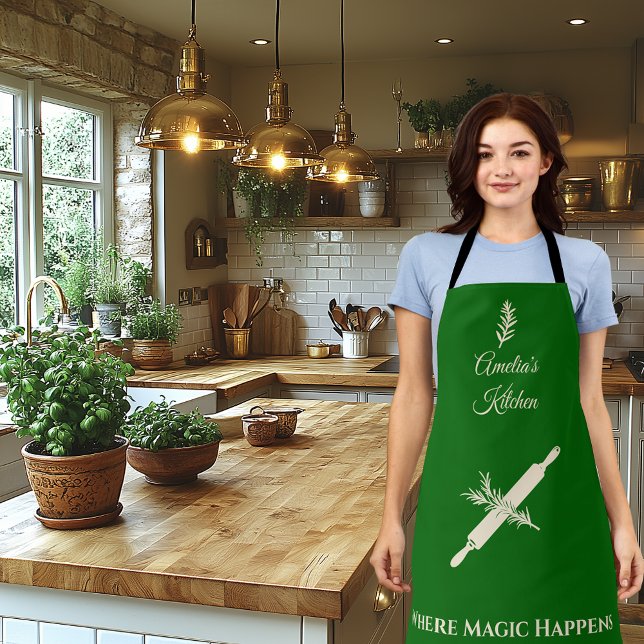 Emerald Green with Champagne Gold Rolling Pin Herb Apron (Creator Uploaded)
