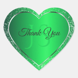 Emerald Green with Glitter Initials Cute Thank You Heart Sticker